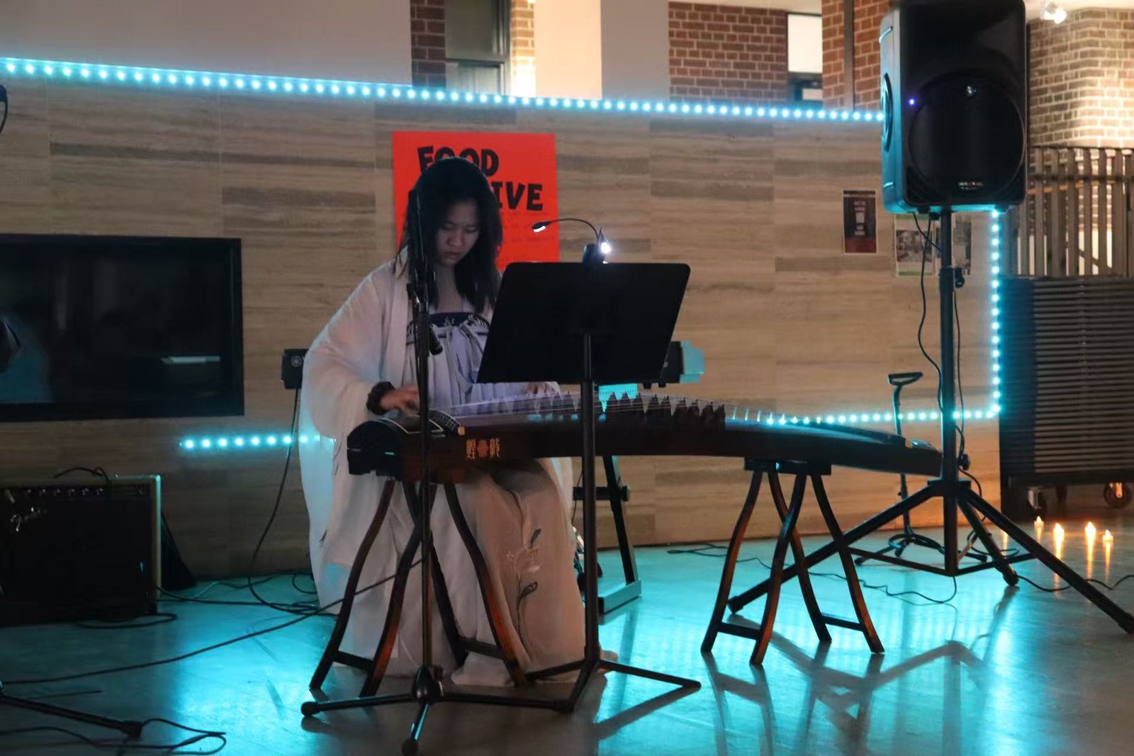 Hebe playing the guzheng on stage in a pale traditional dress, a microphone and music stand beside the instrument.
