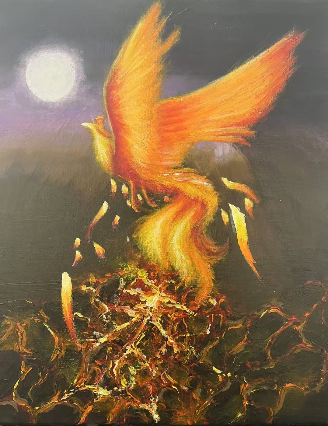 Painting of a phoenix rising in gold and orange against a dark sky and moon.