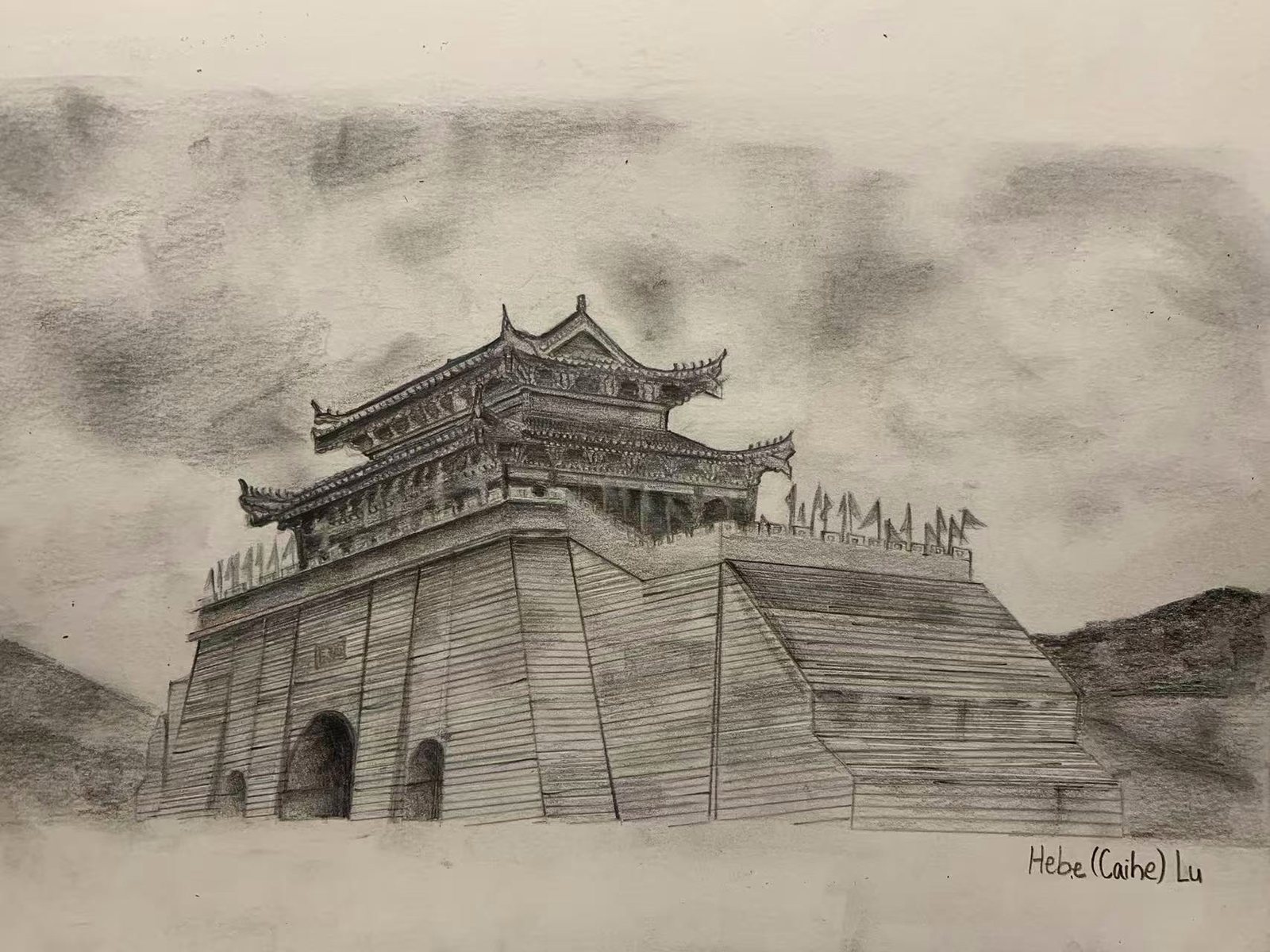 Pencil drawing by Hebe (Caihe) Lu of a gate tower with flared eaves, signed in the lower right.